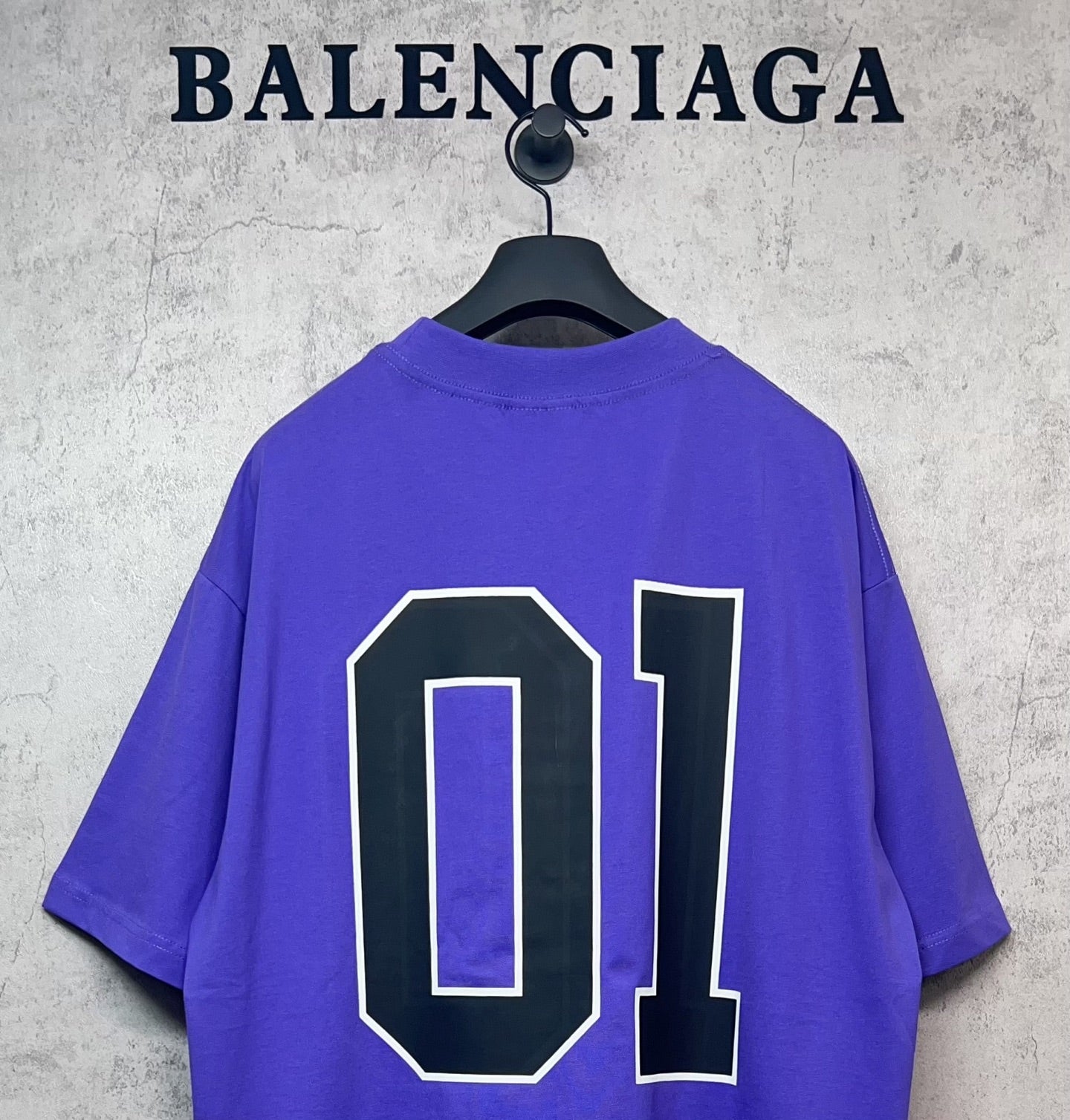 Purple T-shirt with large BALENCIAGA '01' back graphic