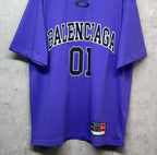 Purple T-shirt with BALENCIAGA '01' front print and hem label patch