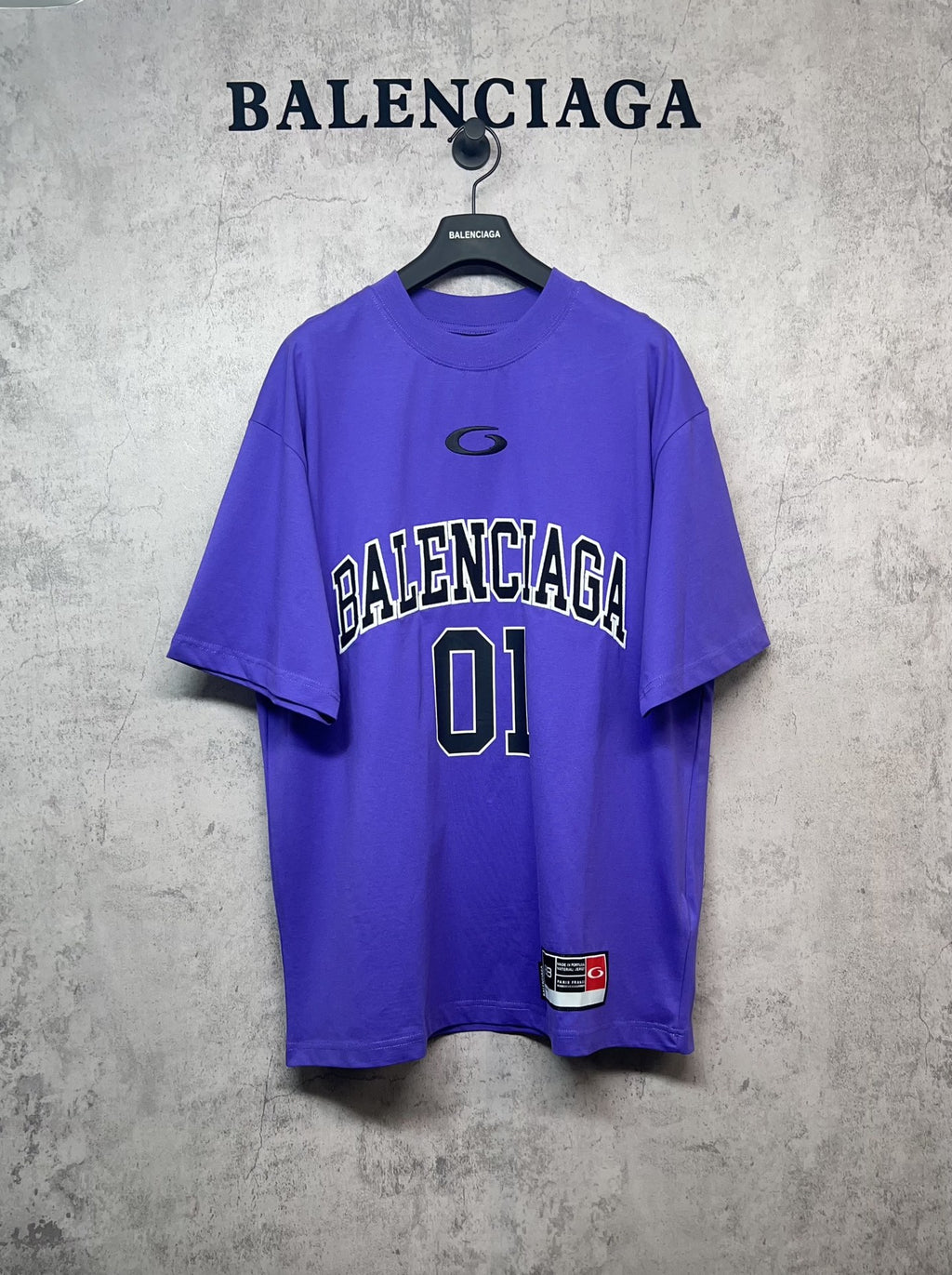Purple T-shirt with BALENCIAGA '01' front graphic and small oval logo