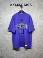 Purple T-shirt with BALENCIAGA '01' front graphic and small oval logo
