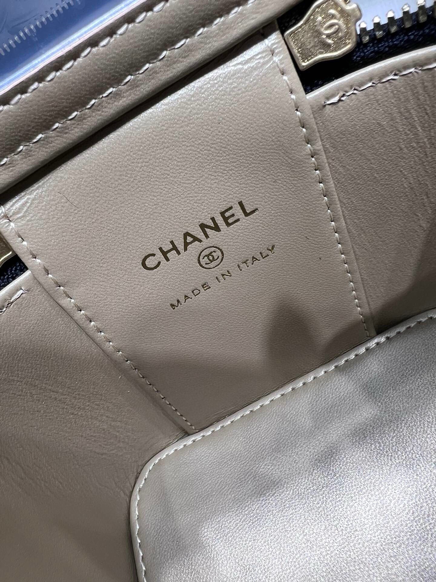 Chanel leather bag patch reading CHANEL and MADE IN ITALY, beige