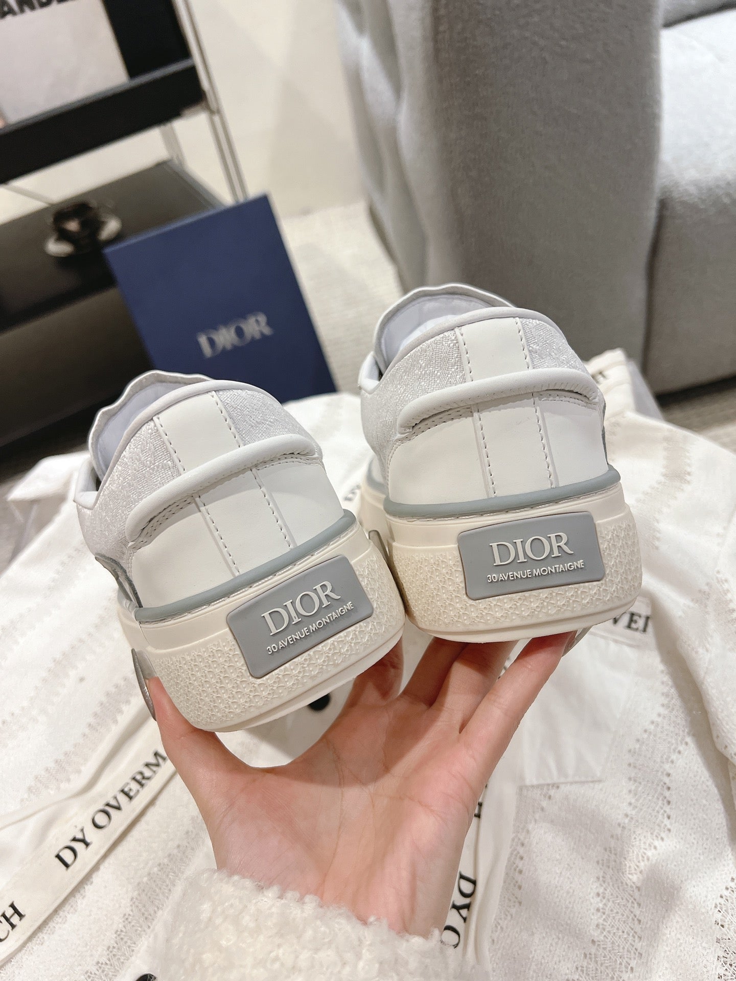 Low-top Dior sneakers heel view, gray logo tab with cushioned back collar