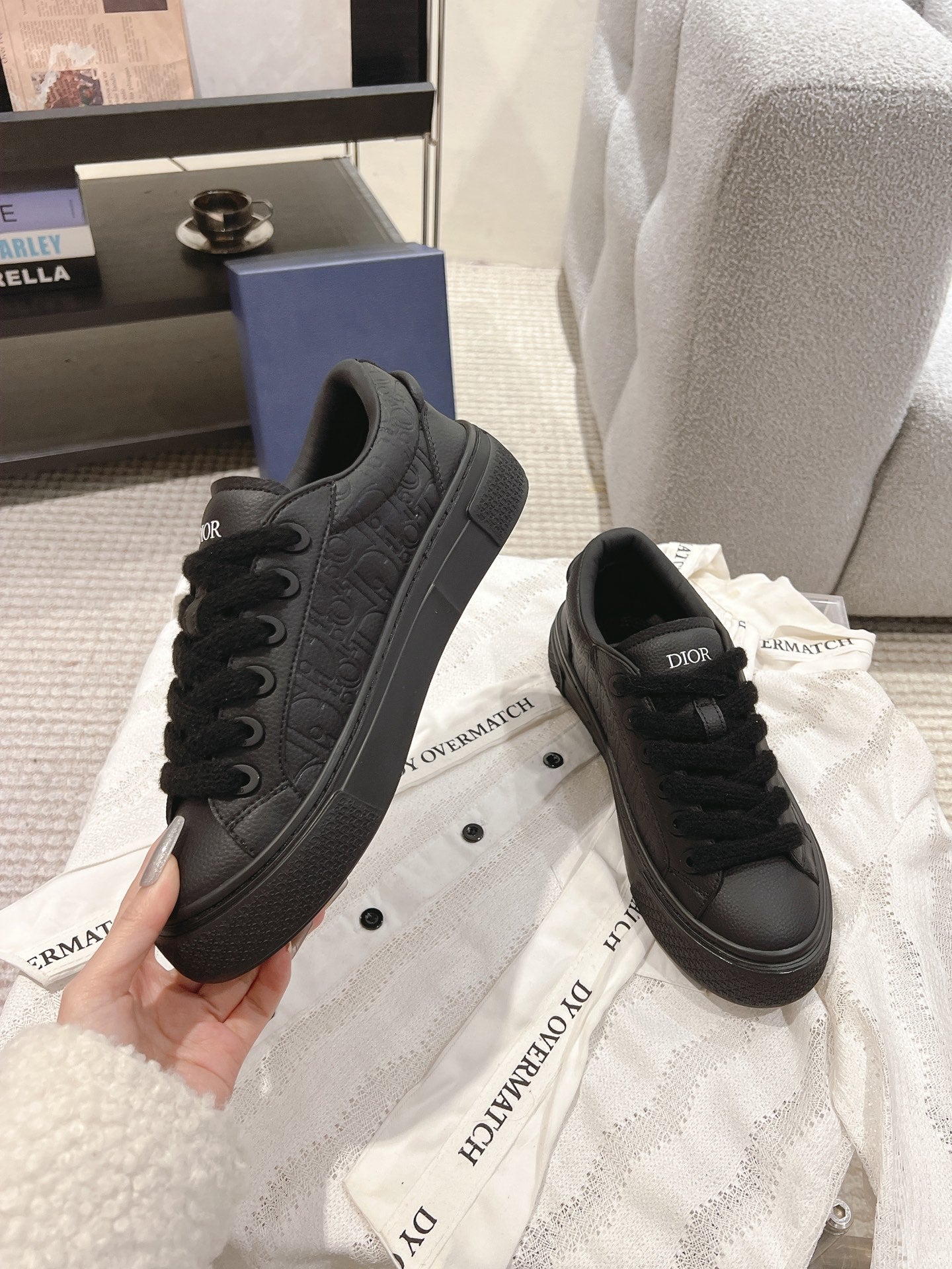 Dior unisex dark gray lace-up sneakers with Dior logo on tongue and side