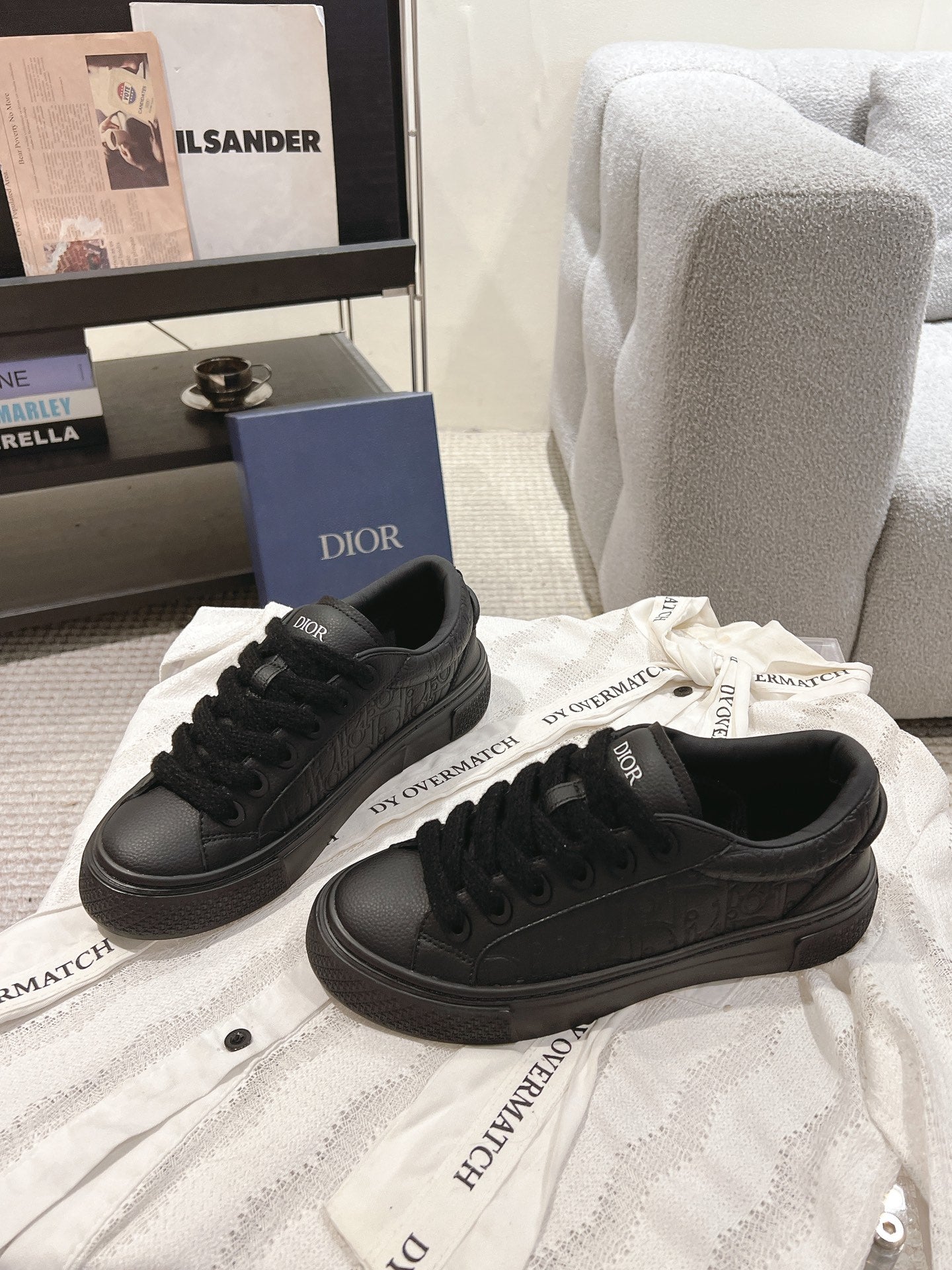 Dior unisex black lace-up sneakers with raised sole and side logo details