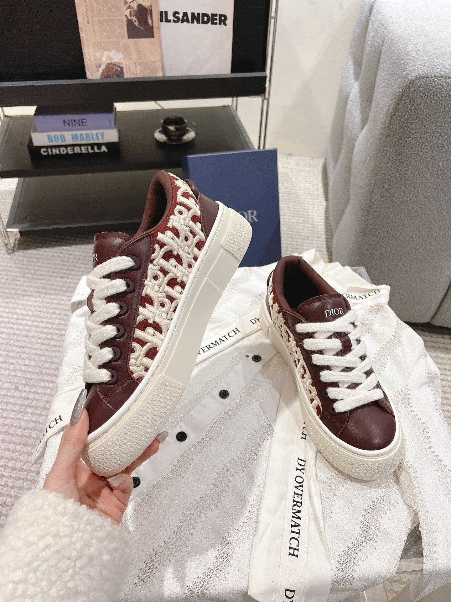 Dior unisex sneakers, dark brown leather, white laces, white midsole, embroidered details
