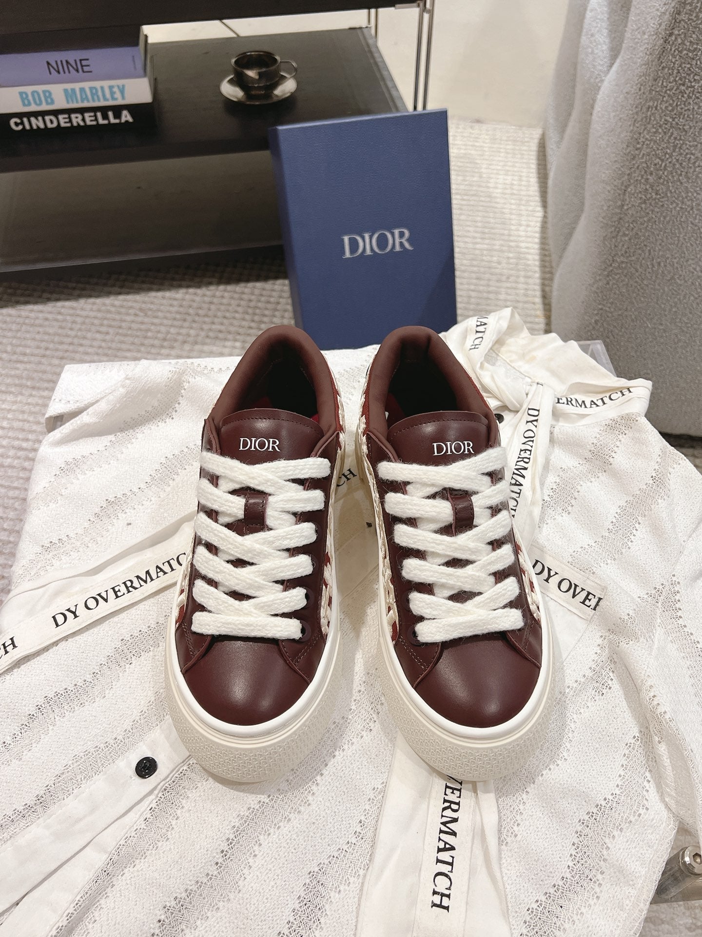 Dior unisex sneakers, dark brown leather, white laces, thick white sole