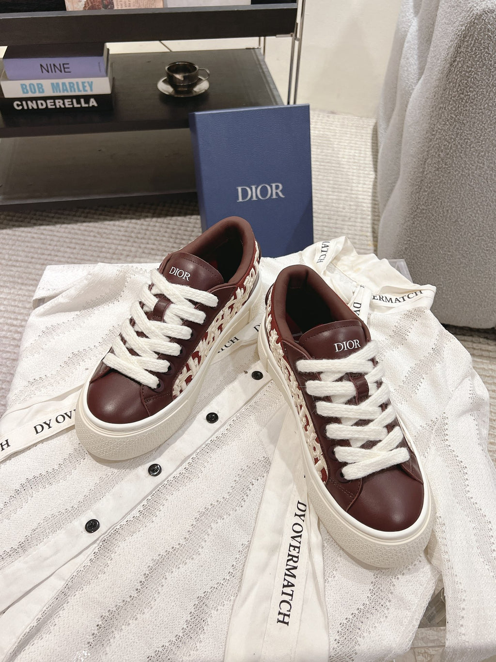 Dior unisex sneakers, dark brown leather, white laces, white midsole, lace-up