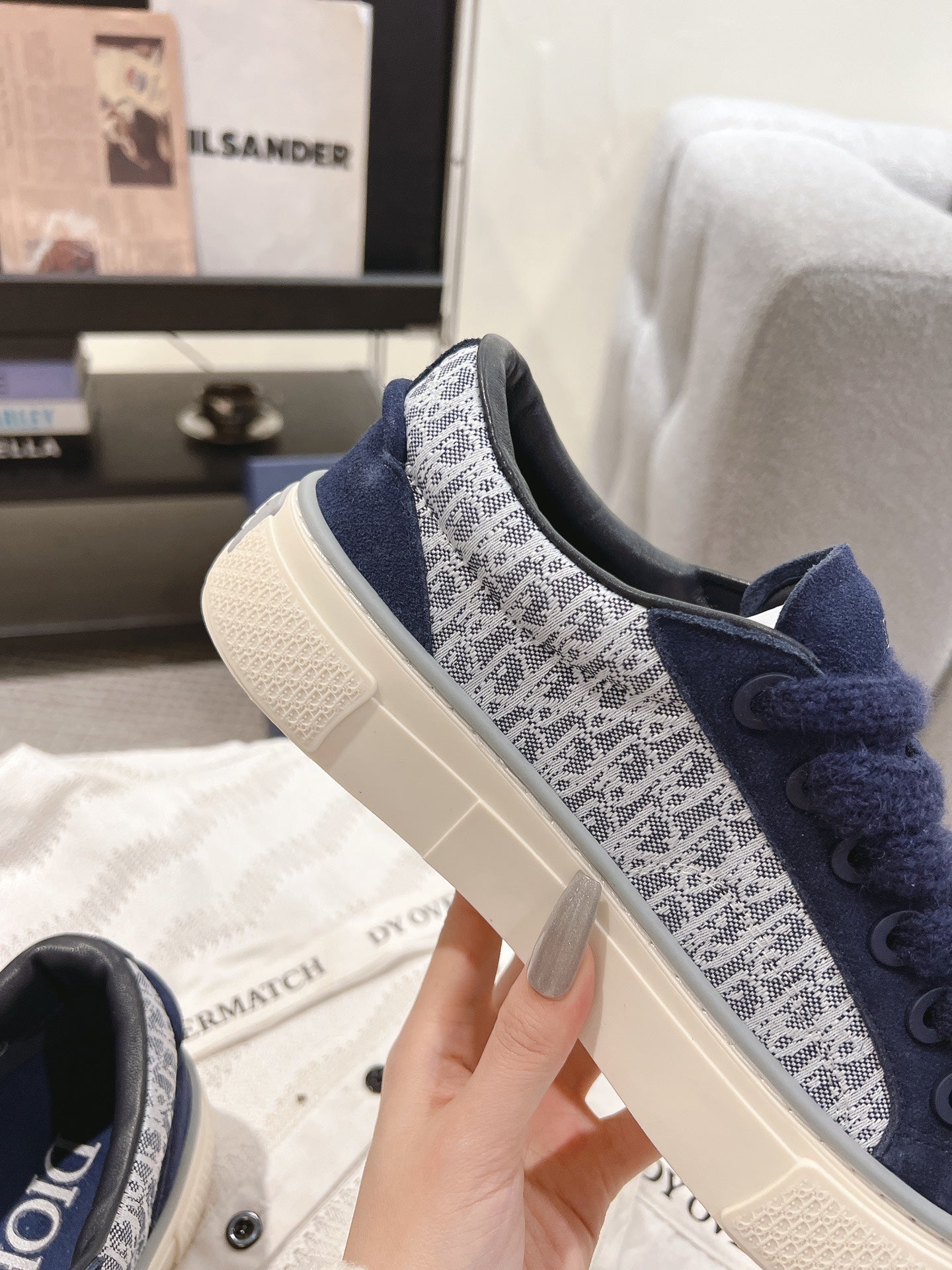 Blue Dior logo-print sneakers with lace-up front and white sole