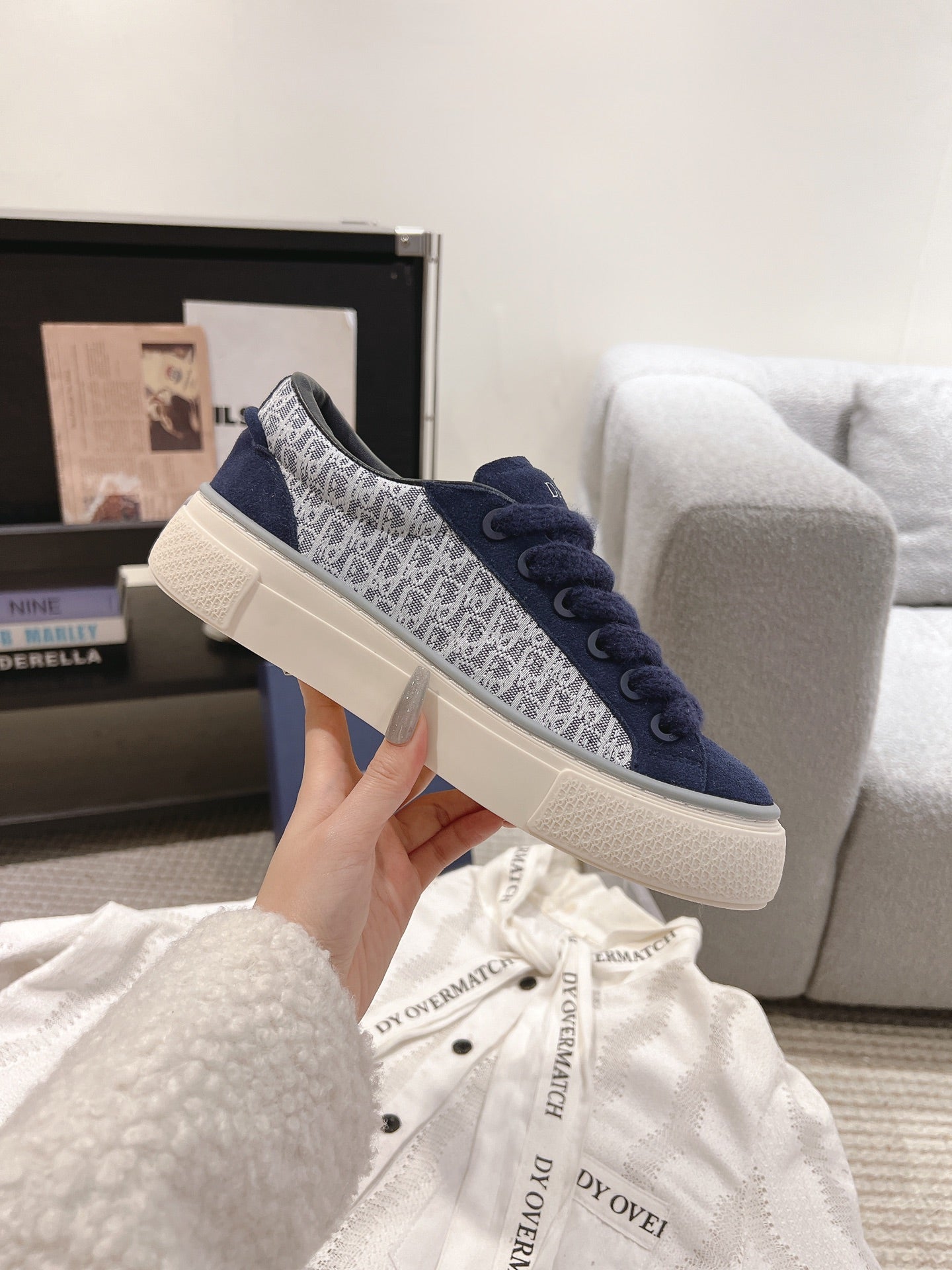 Navy Dior lace-up sneakers with all-over logo print and white sole