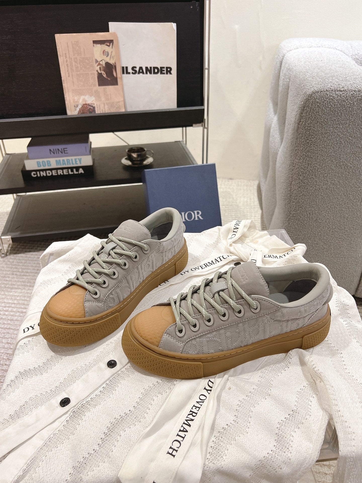 Dior unisex sneakers, light gray uppers with tan sole, gray laces and stitching