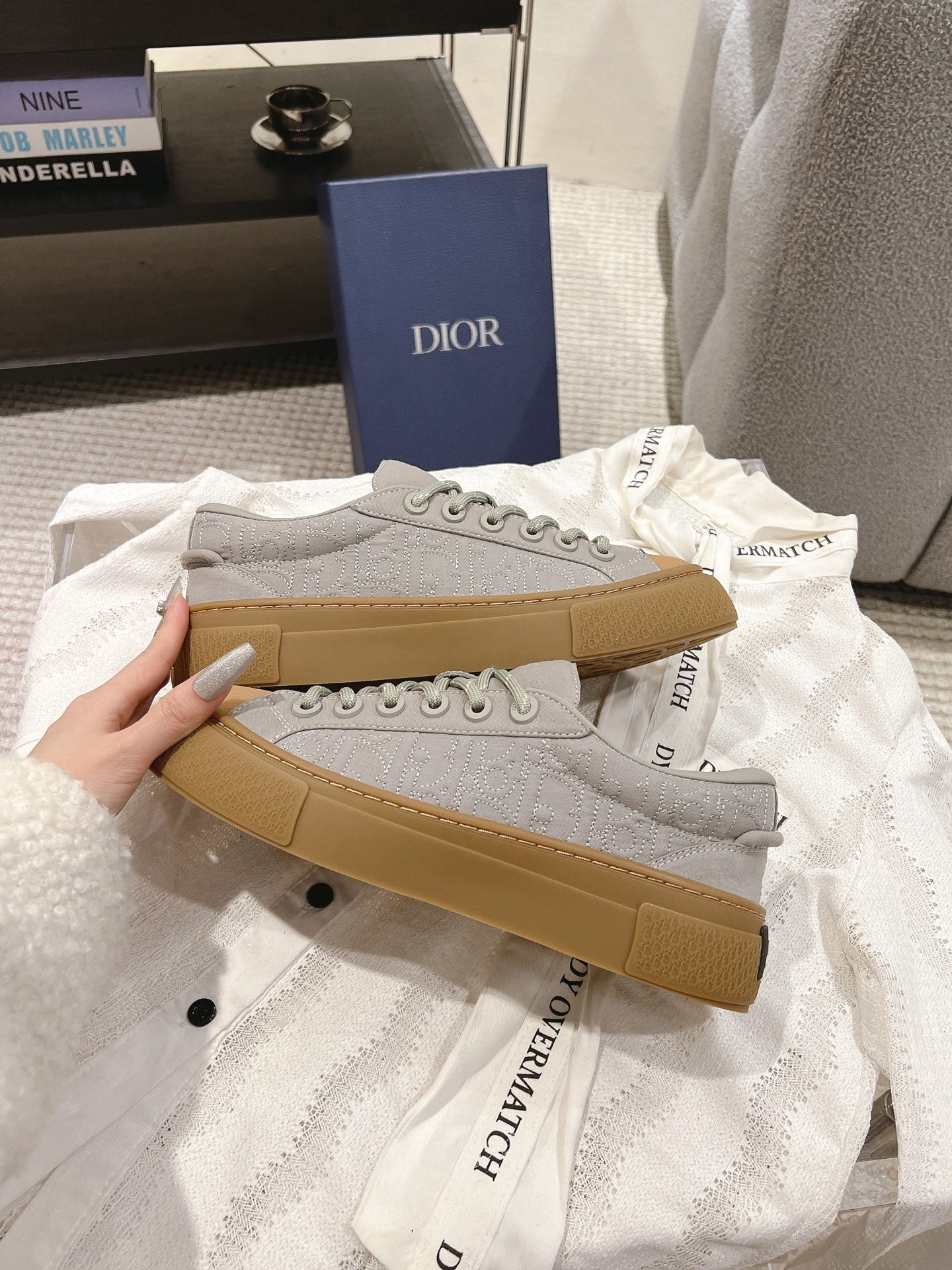 Dior unisex sneakers, light gray uppers with tan gum sole and lace-up front
