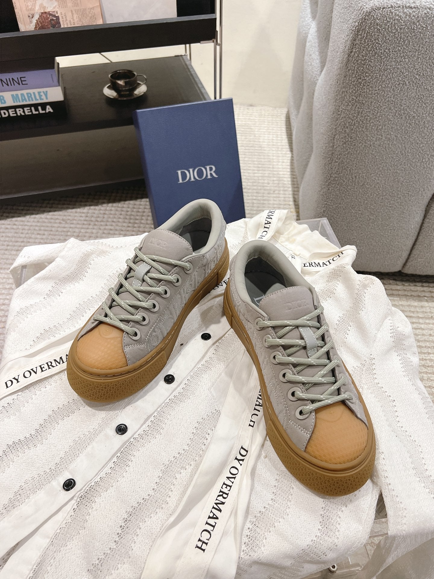 Dior unisex lace-up sneakers, light gray with tan trim and rubber sole