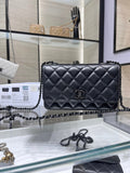 Black quilted leather flap bag with CC logo center and chain shoulder strap