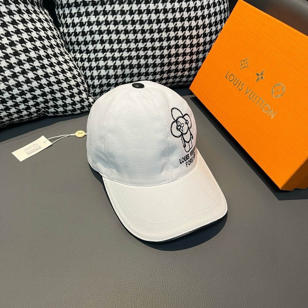 Light blue Louis Vuitton cap with side cartoon dog graphic and "Forever" text