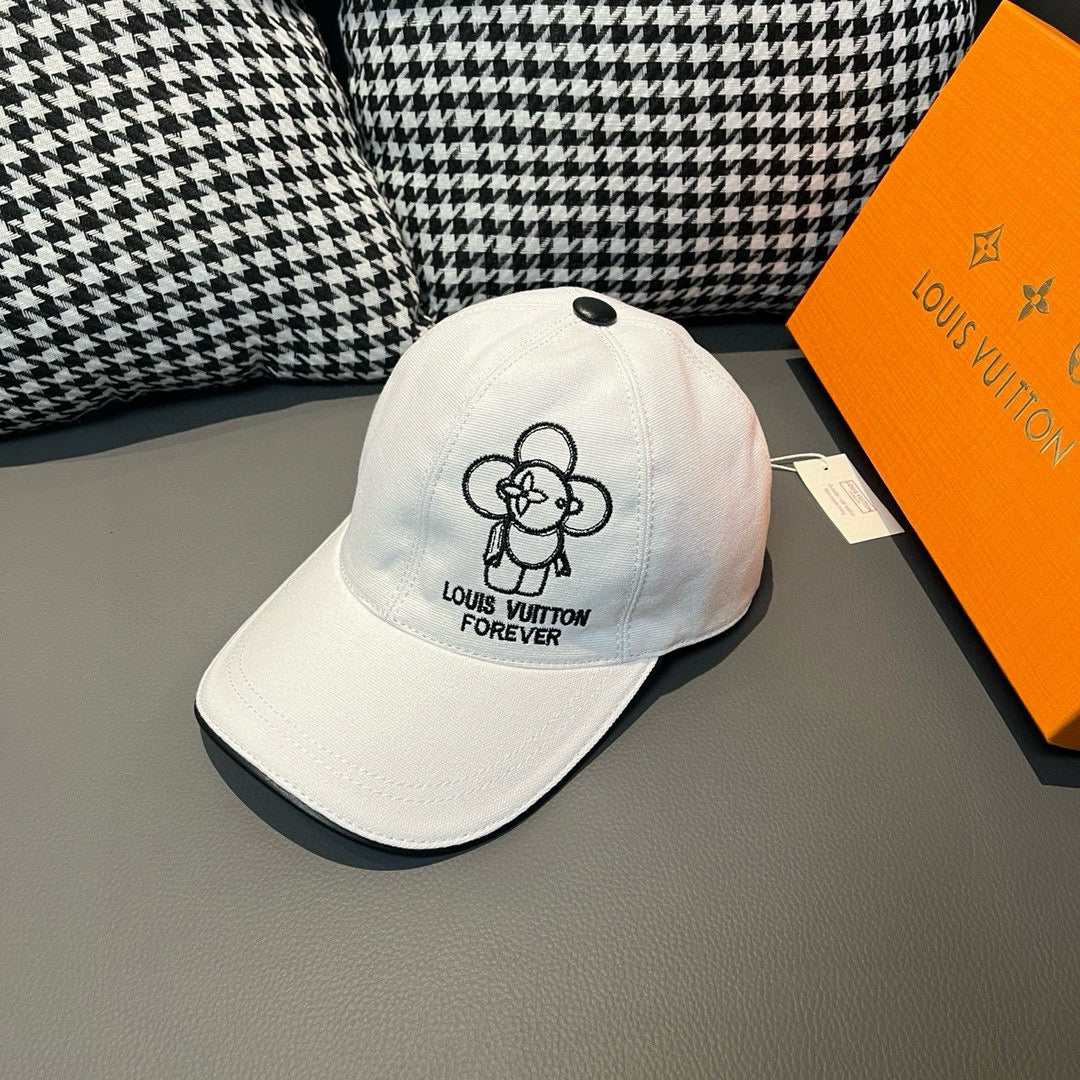 White Louis Vuitton cap with black cartoon dog graphic and "Forever" text