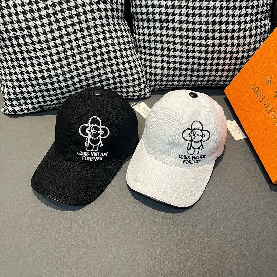 Pair of Louis Vuitton caps: black and white caps with dog "Forever" logos
