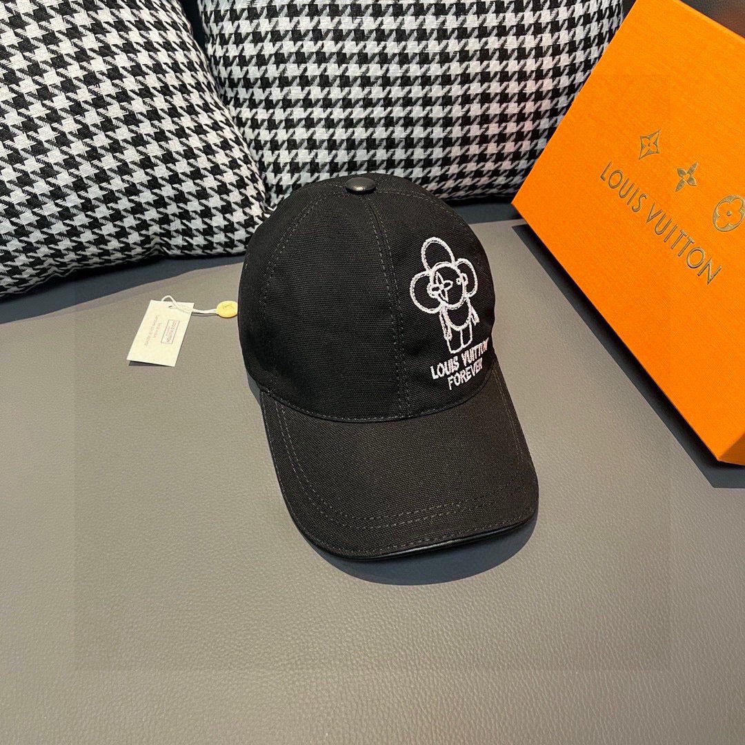 Black Louis Vuitton baseball cap with white embroidered flower logo and Forever text