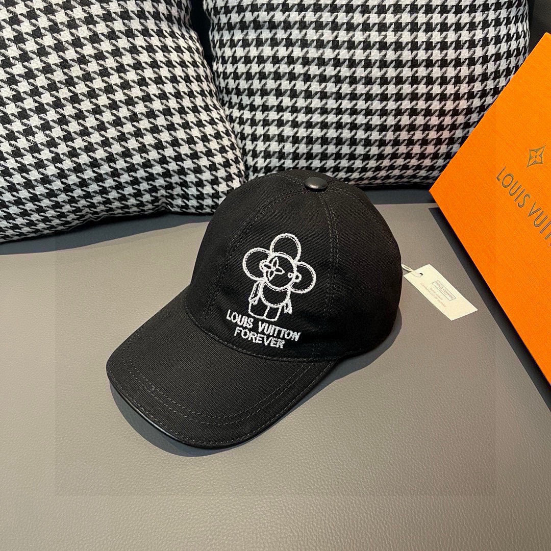 Black Louis Vuitton baseball cap with white embroidered flower logo and Forever text