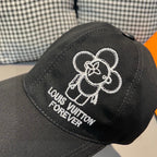 Black Louis Vuitton cap close-up with white embroidered flower logo and Forever text