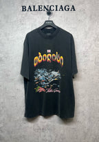 Graphic crew-neck T-shirt in dark gray with colorful lettering and abstract print