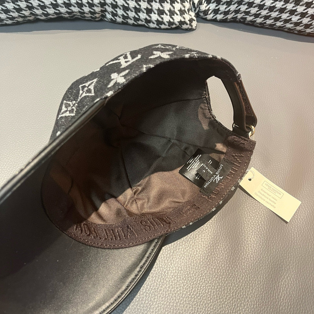 Louis Vuitton monogram cap interior view showing brown lining and stitched edge