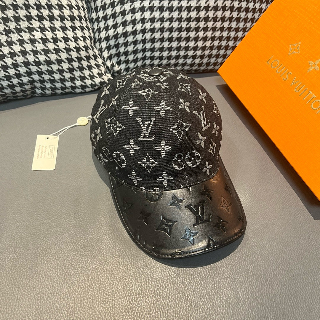 Louis Vuitton monogram baseball cap with dark panels and repeating LV pattern