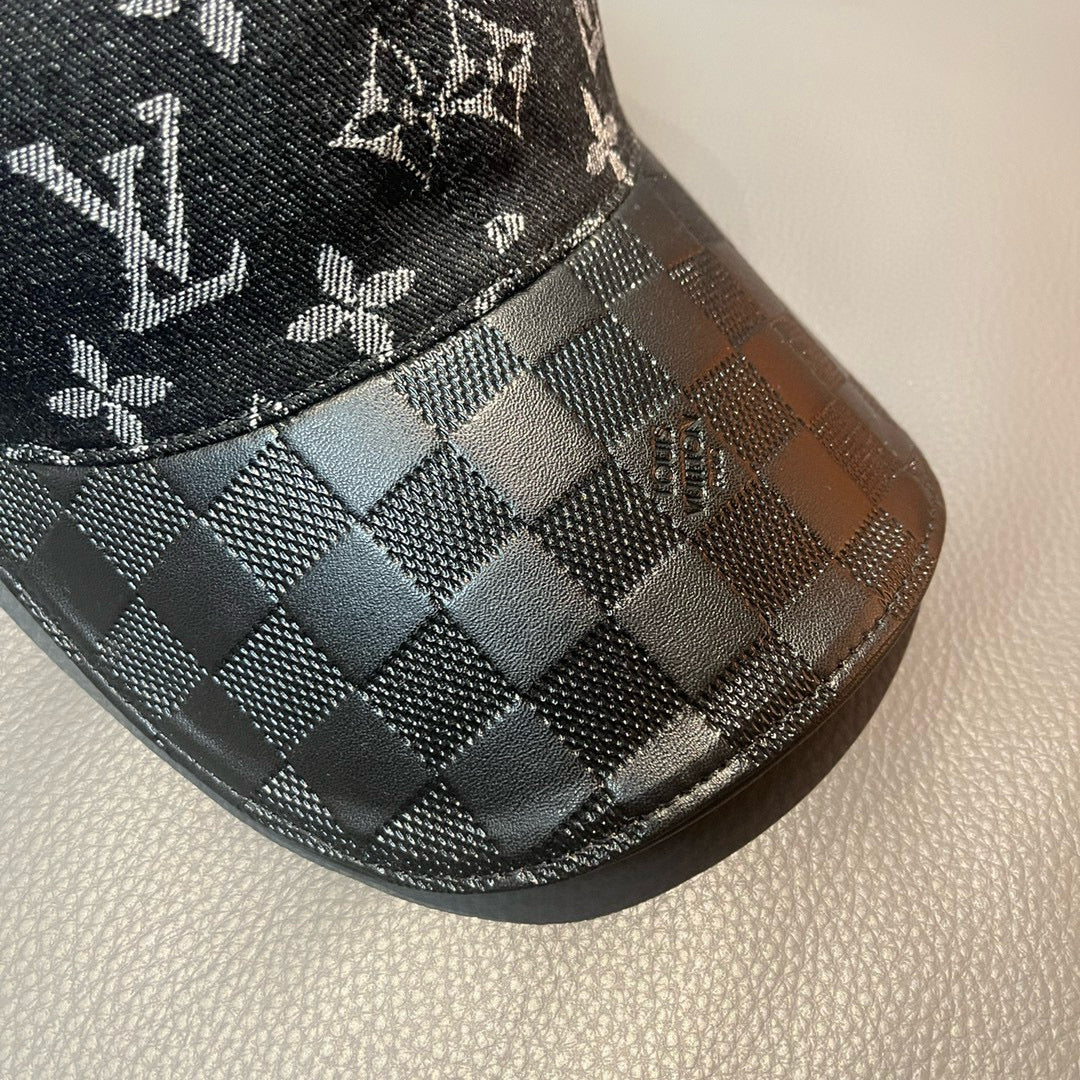 Louis Vuitton cap brim detail with dark check pattern and stitched trim