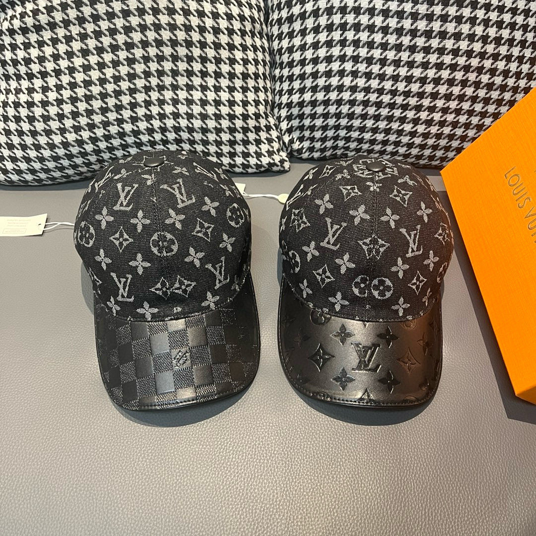 Pair of Louis Vuitton monogram baseball caps with different brim panel designs