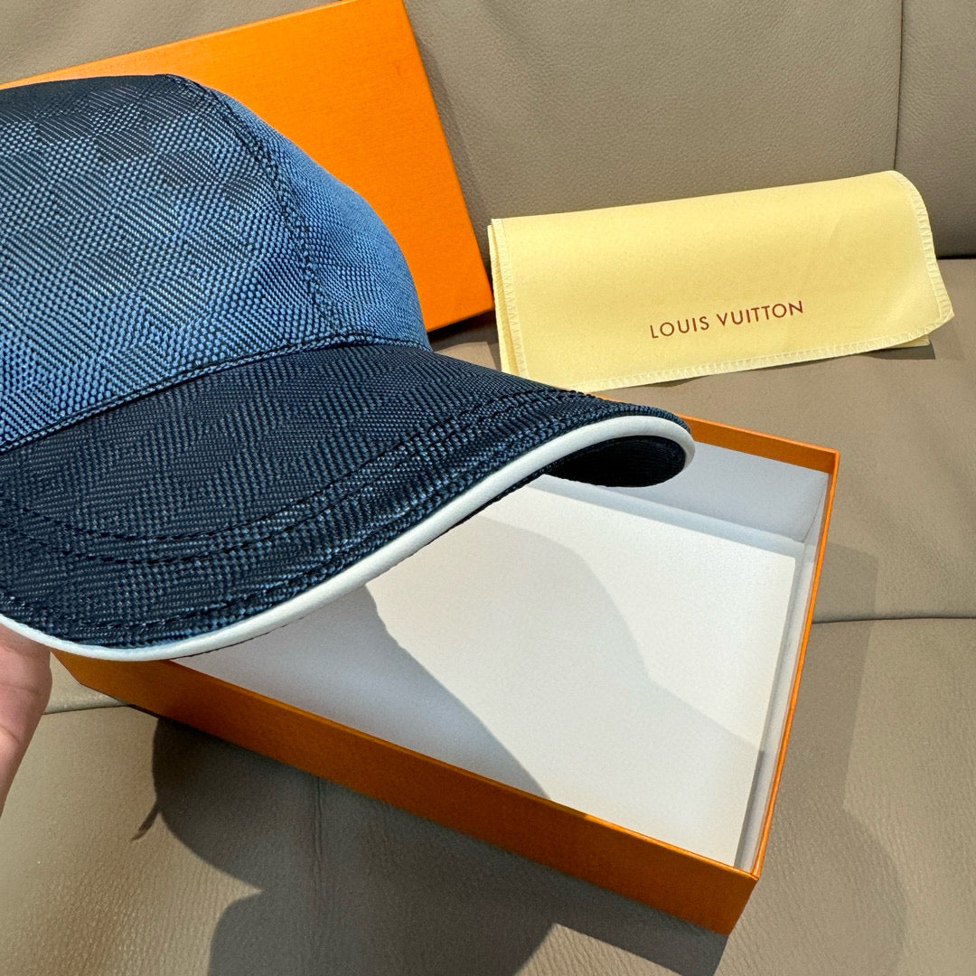 Louis Vuitton cap side view with dark blue brim and stitched underside