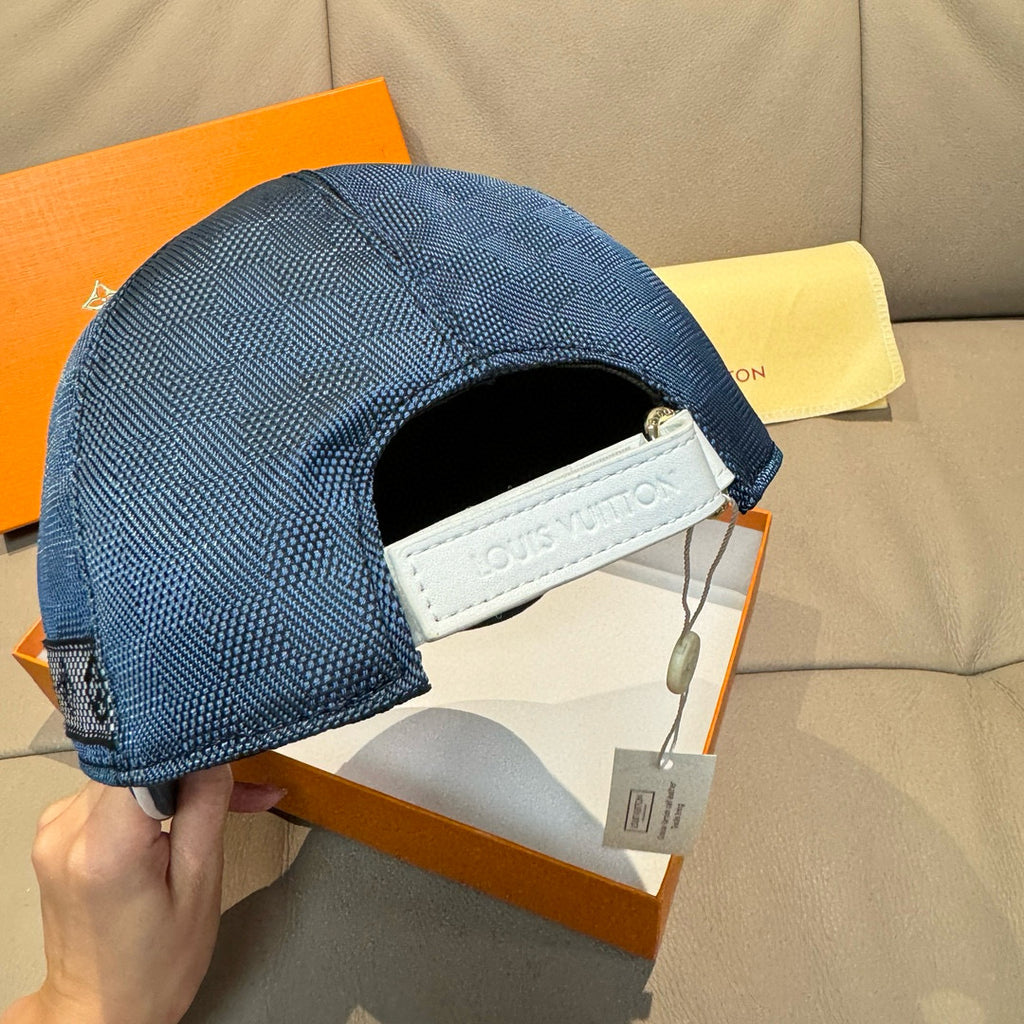 Louis Vuitton cap, dark blue with white-trim side strap and inner label