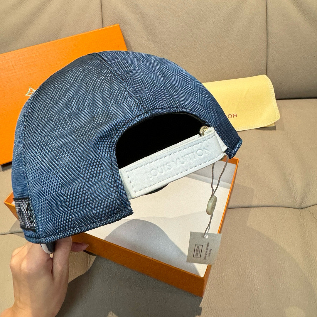 Louis Vuitton cap, dark blue with white-trim side strap and inner label