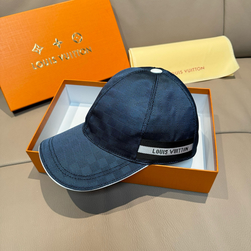 Navy Louis Vuitton baseball cap with front logo band and structured crown