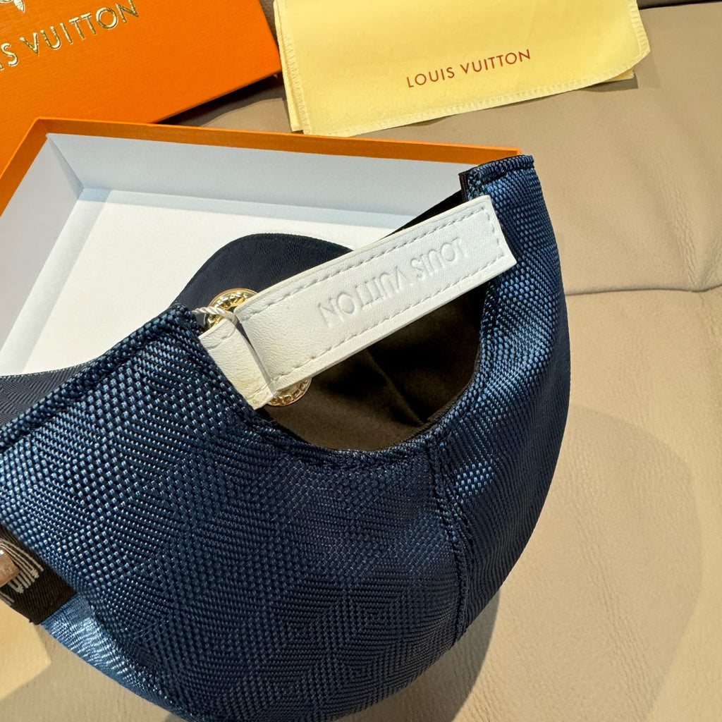 Navy Louis Vuitton cap interior with white leather trim and stitched logo label