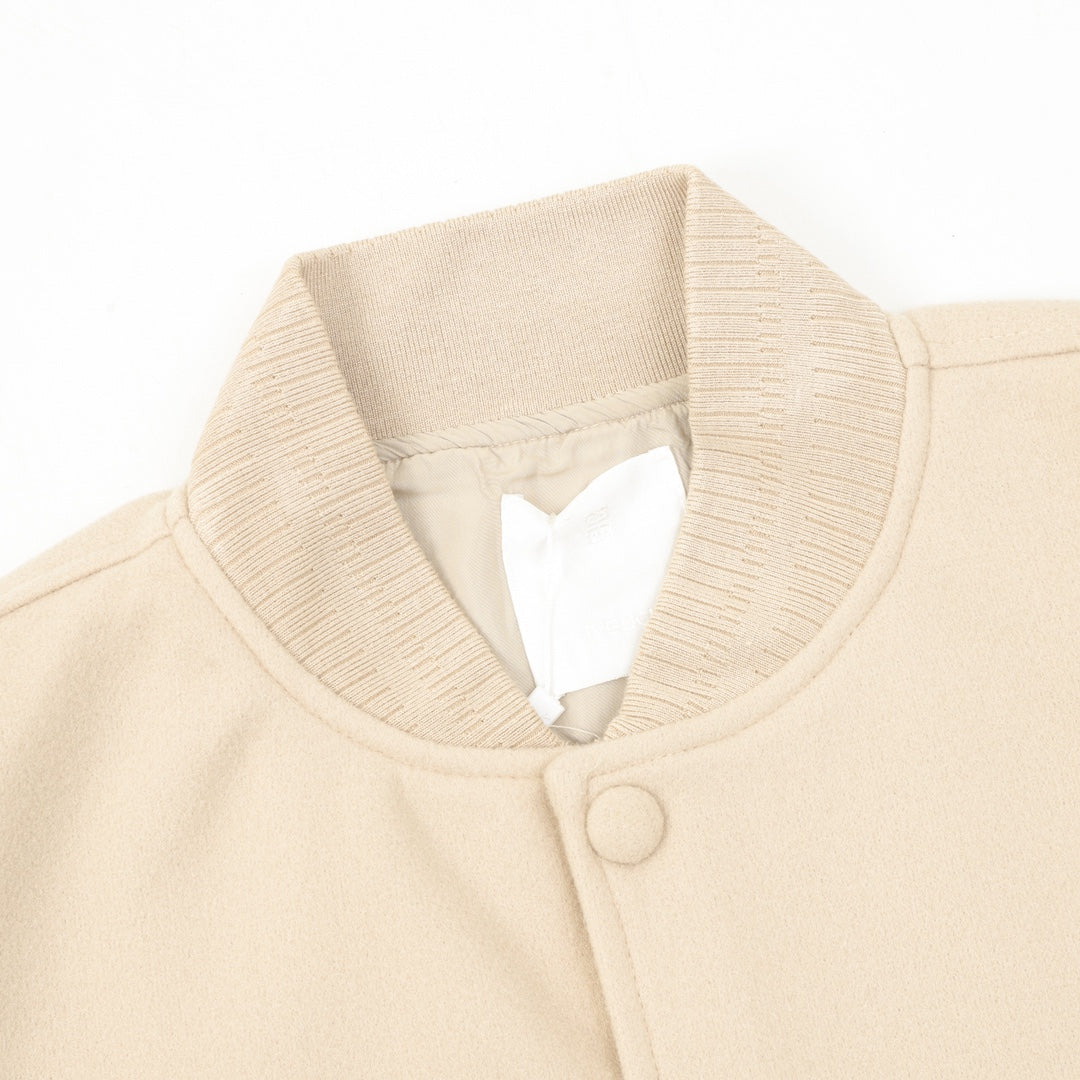 Beige Givenchy bomber jacket collar with snap placket and ribbed trim
