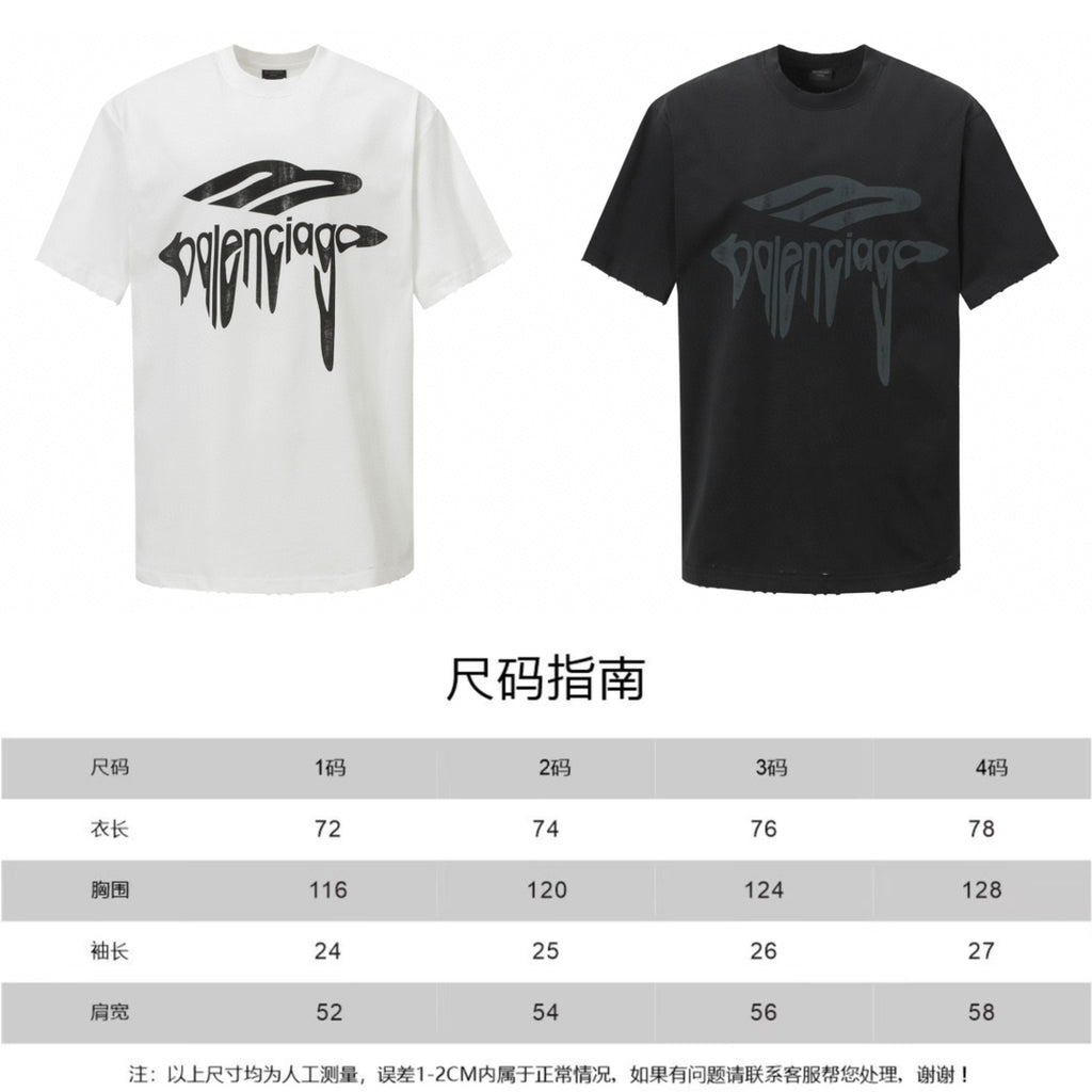 White and black Balenciaga graphic T-shirts with size chart