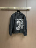 Black zip-up hooded jacket with bold white graphic print on chest
