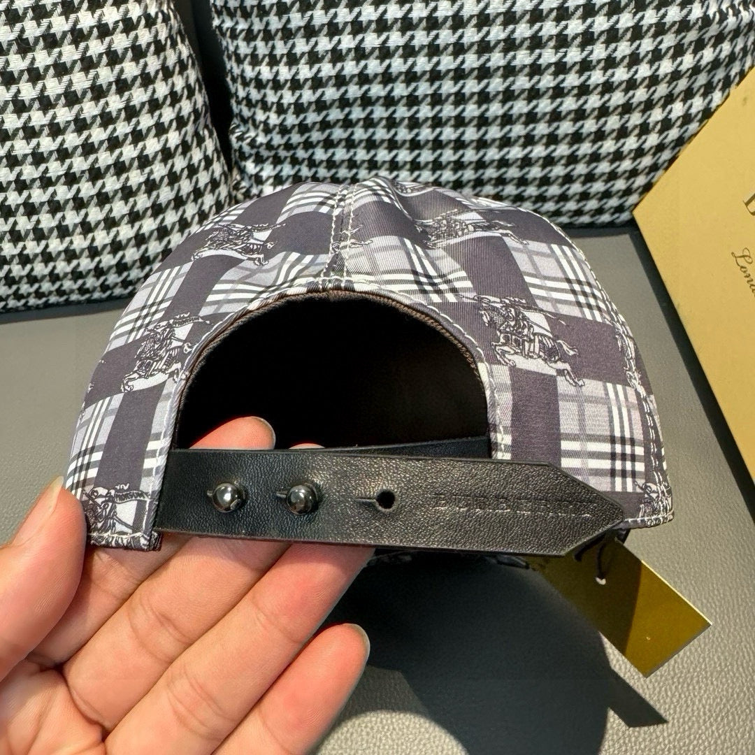 Burberry checkered cap showing interior hatband and dark adjustable strap details.