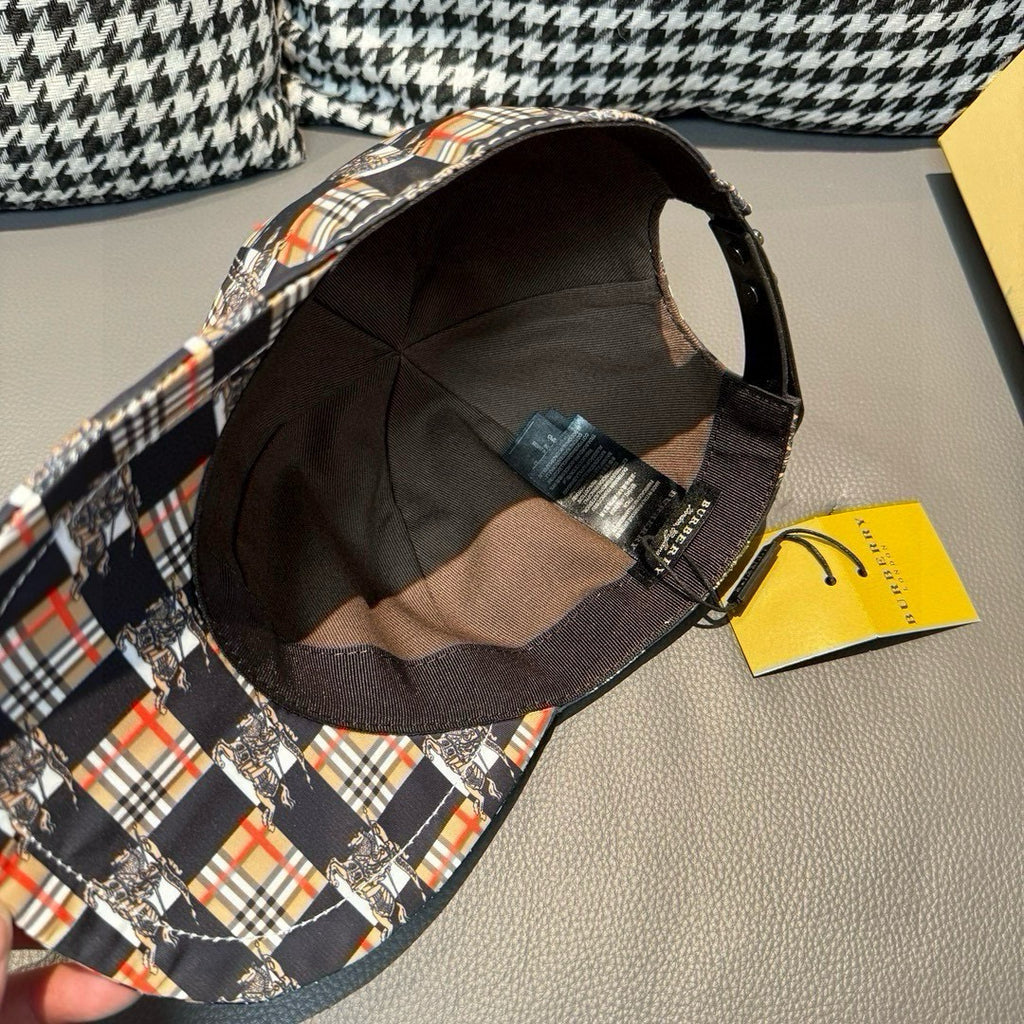 Burberry cap interior with black lining and adjustable strap near buckle