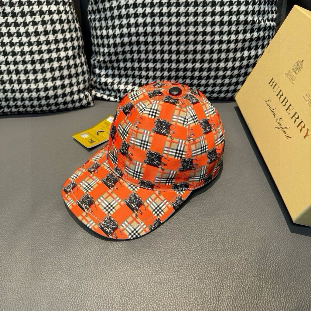 Orange plaid baseball cap with dark horse print, curved brim and side profile
