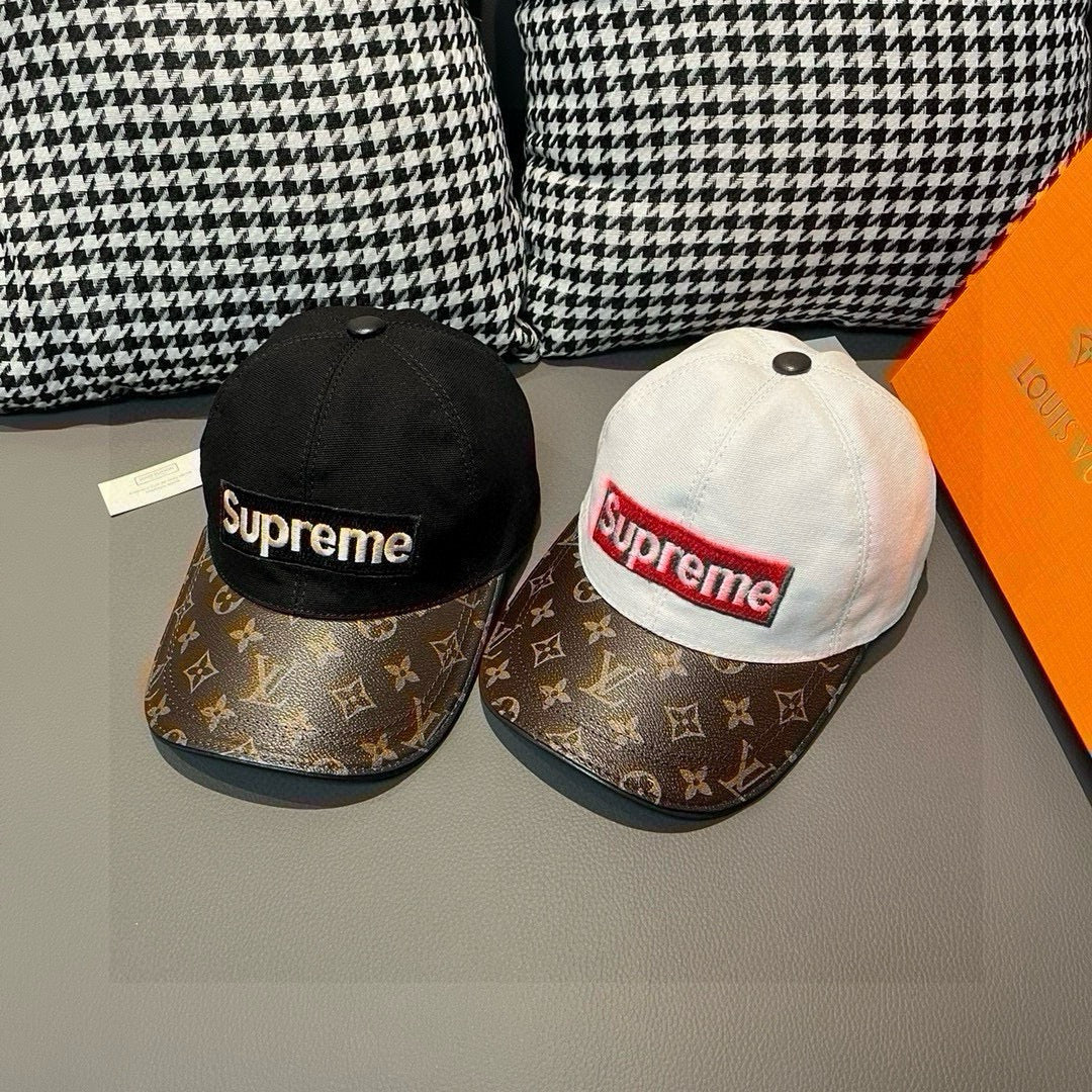 Pair of Louis Vuitton x Supreme baseball caps, one black and one white top with monogram brim