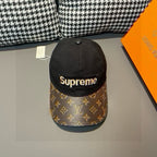 Louis Vuitton x Supreme baseball cap with black top and brown monogram brim
