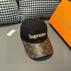 Louis Vuitton x Supreme baseball cap, black crown with brown monogram brim and button
