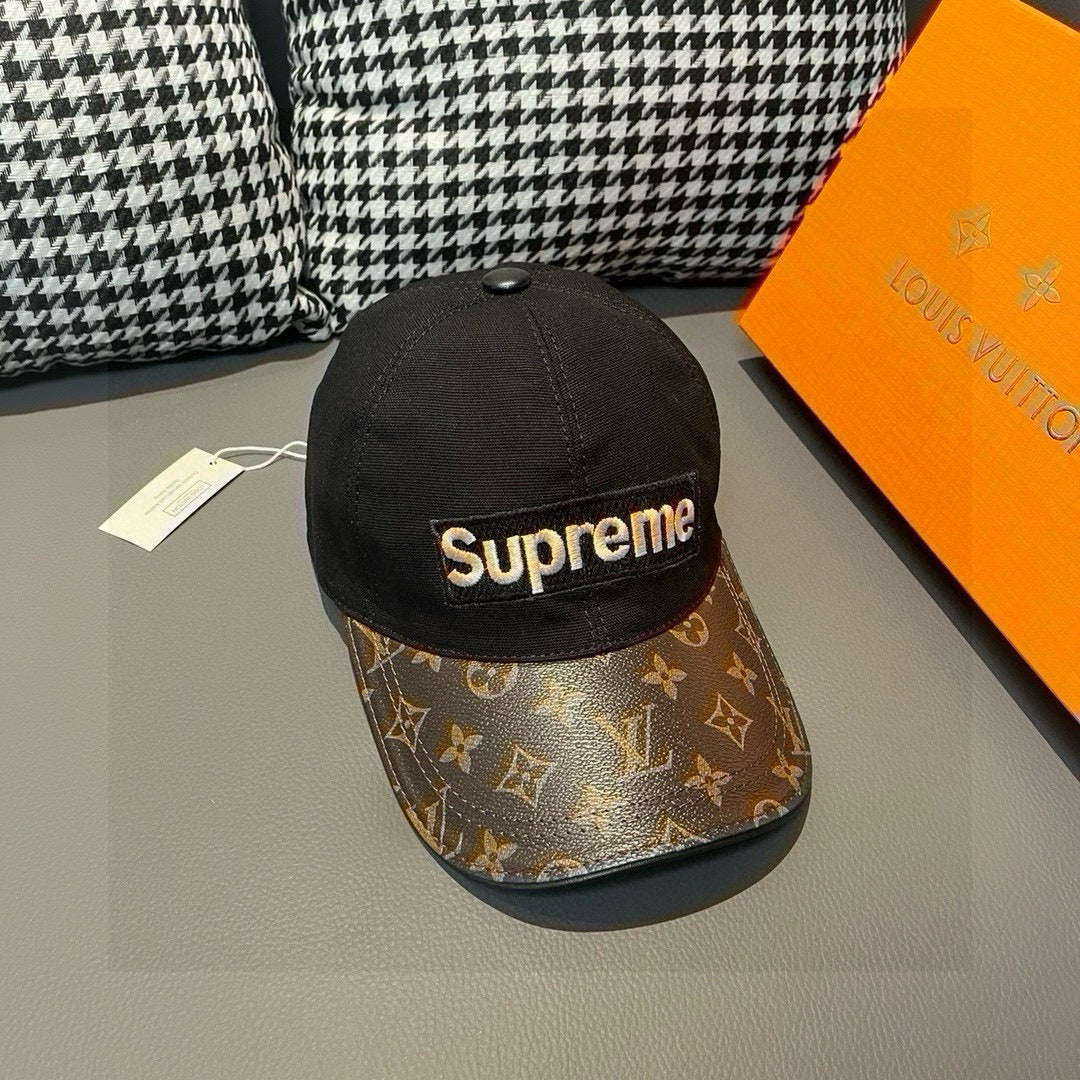 Louis Vuitton x Supreme baseball cap, black crown with brown monogram brim and button