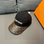 Louis Vuitton x Supreme baseball cap, side view with black top and brown monogram brim