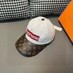 Louis Vuitton baseball cap with white crown and brown monogram brim, Supreme front logo