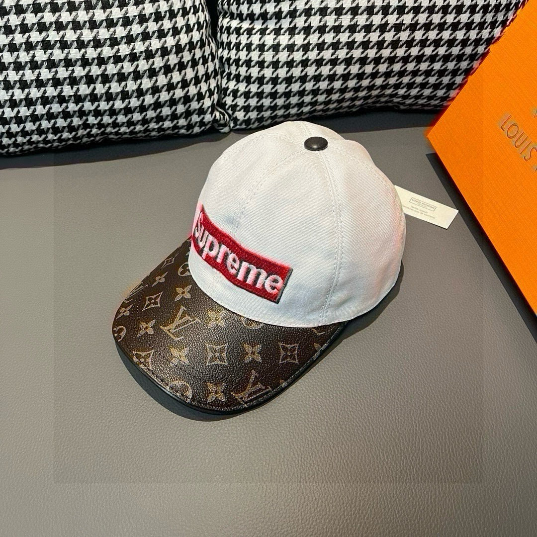 Louis Vuitton baseball cap with white crown and brown monogram brim, Supreme front logo