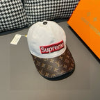 Louis Vuitton cap with white crown and brown monogram brim, Supreme logo on front