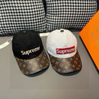 Louis Vuitton caps pair, black and white crowns with brown monogram brims, Supreme logos