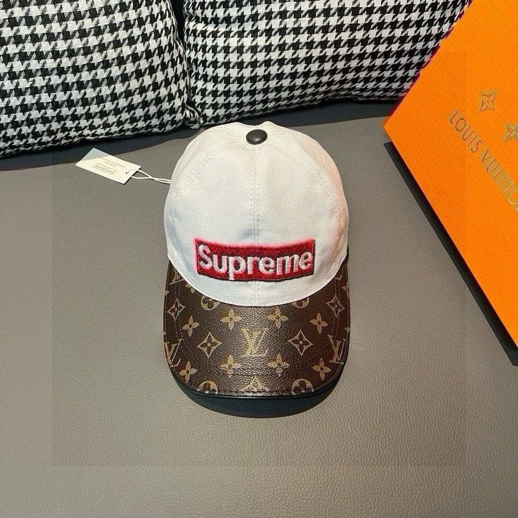 Louis Vuitton cap with white crown, brown monogram brim, Supreme logo patch