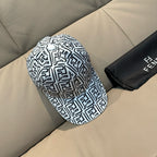 Baseball cap in white with black allover logo pattern, side view.